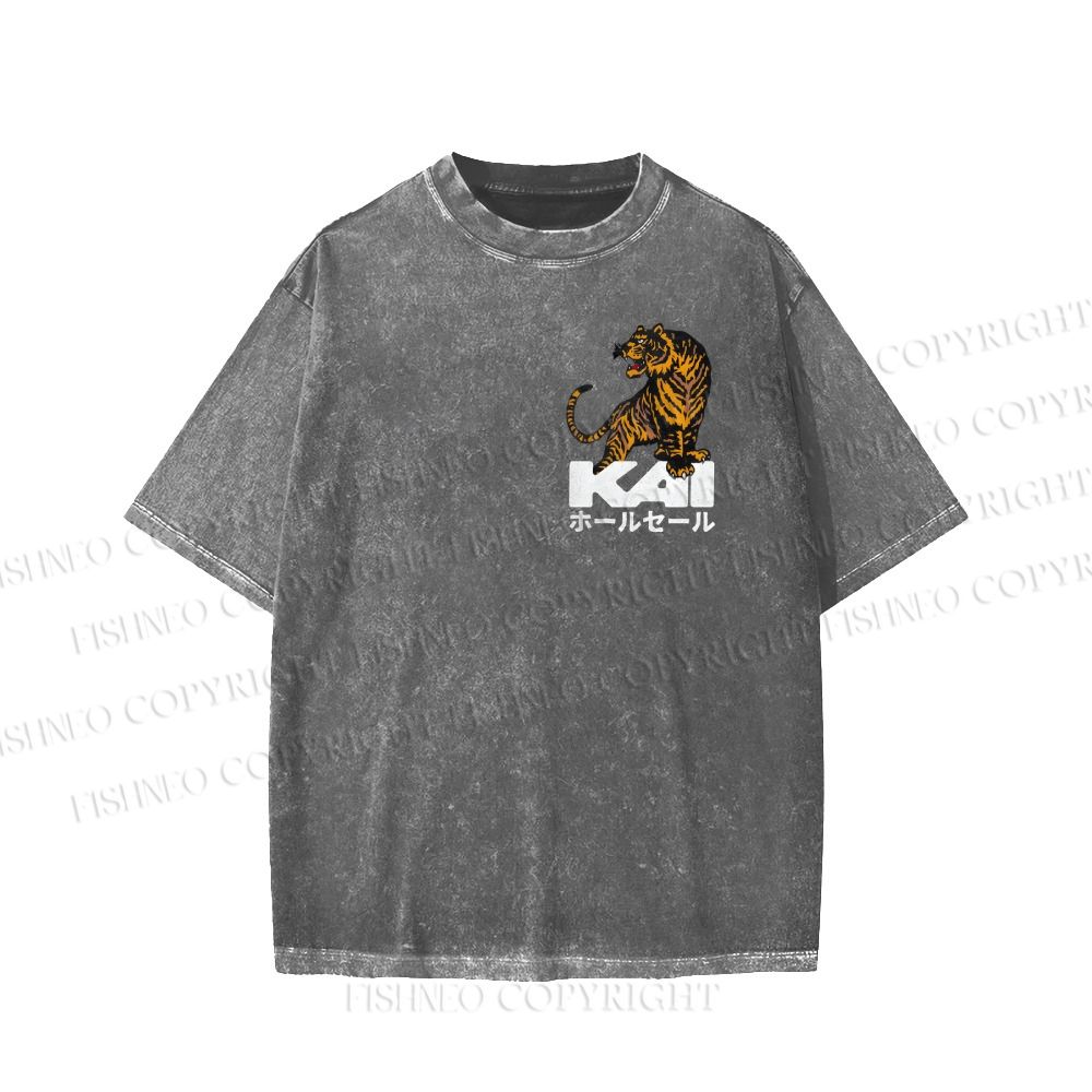 Unisex Japanese Tiger Printed Washed Tee