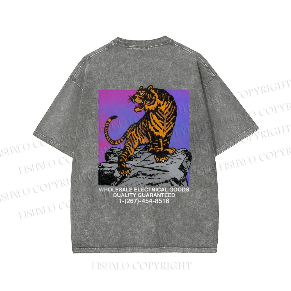 Unisex Japanese Tiger Printed Washed Tee