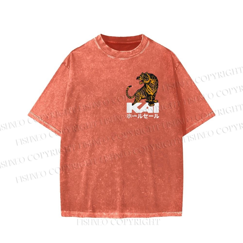 Unisex Japanese Tiger Printed Washed Tee