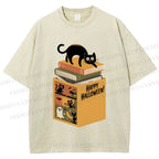 Unisex Halloween Book Cat Printed Washed Tee