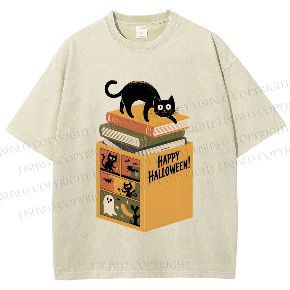 Unisex Halloween Book Cat Printed Washed Tee