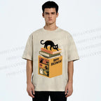 Unisex Halloween Book Cat Printed Washed Tee