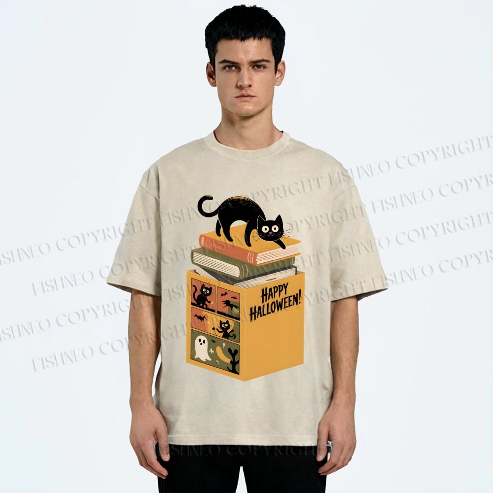 Unisex Halloween Book Cat Printed Washed Tee