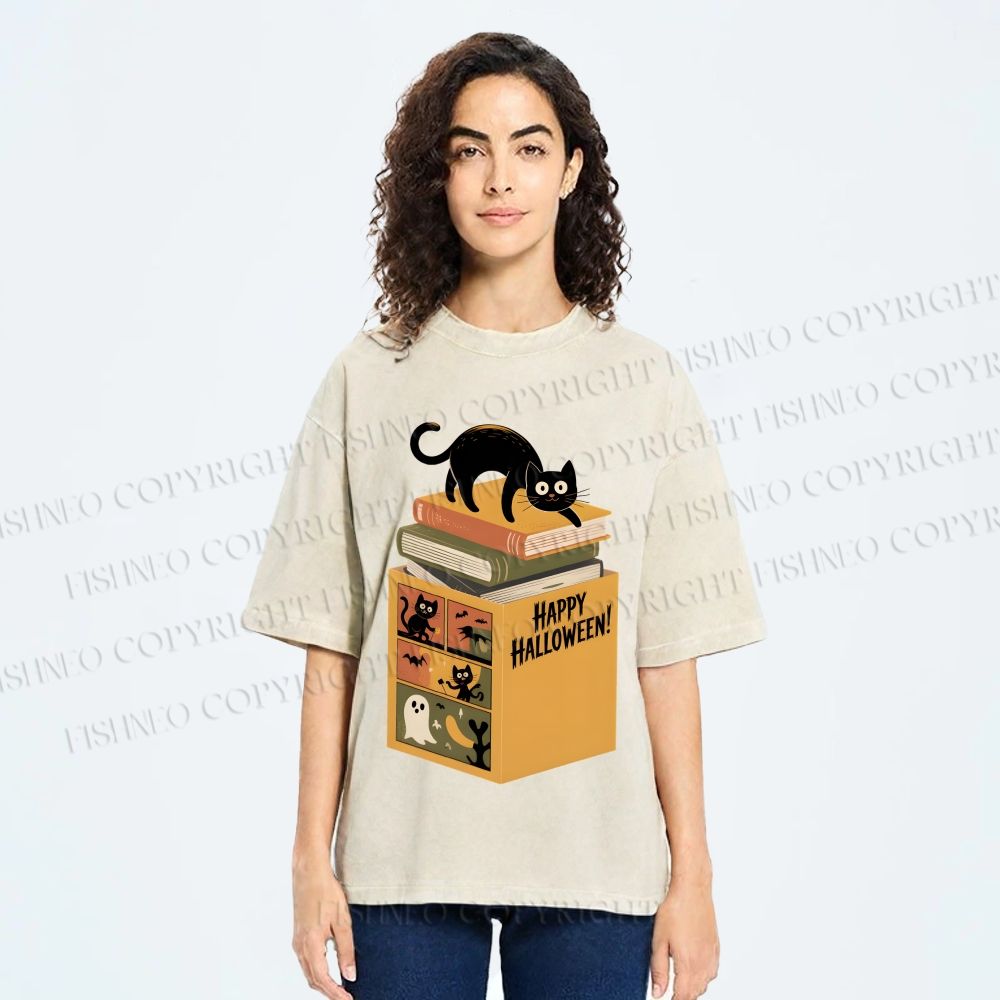 Unisex Halloween Book Cat Printed Washed Tee