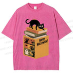 Unisex Halloween Book Cat Printed Washed Tee