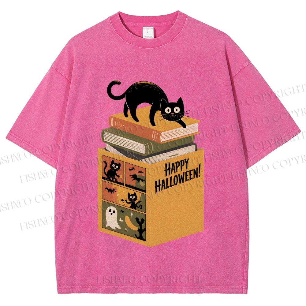 Unisex Halloween Book Cat Printed Washed Tee