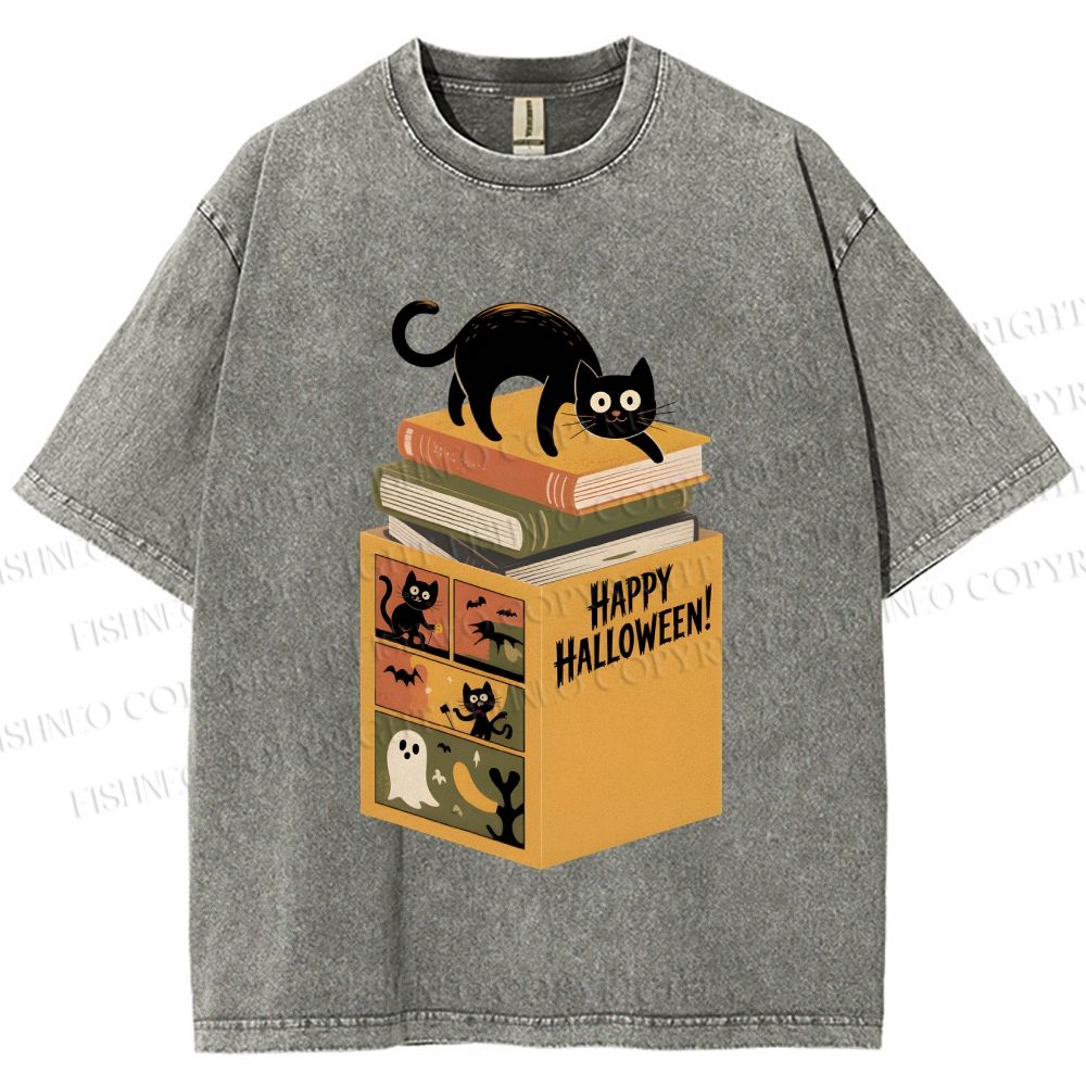 Unisex Halloween Book Cat Printed Washed Tee
