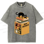 Unisex Halloween Book Cat Printed Washed Tee