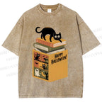 Unisex Halloween Book Cat Printed Washed Tee