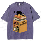 Unisex Halloween Book Cat Printed Washed Tee