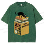Unisex Halloween Book Cat Printed Washed Tee