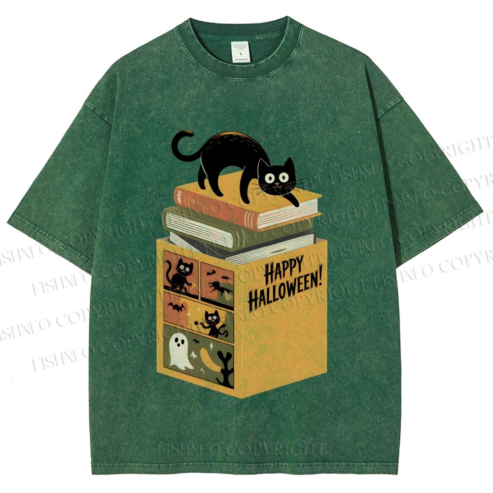 Unisex Halloween Book Cat Printed Washed Tee