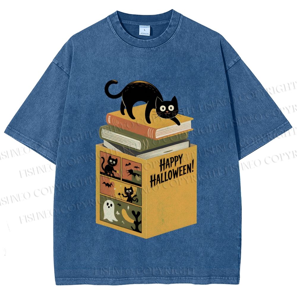 Unisex Halloween Book Cat Printed Washed Tee