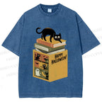 Unisex Halloween Book Cat Printed Washed Tee