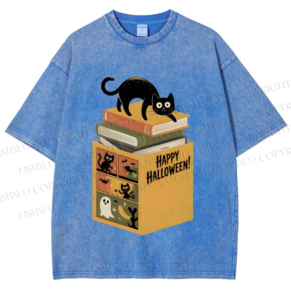 Unisex Halloween Book Cat Printed Washed Tee
