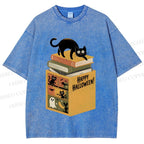 Unisex Halloween Book Cat Printed Washed Tee