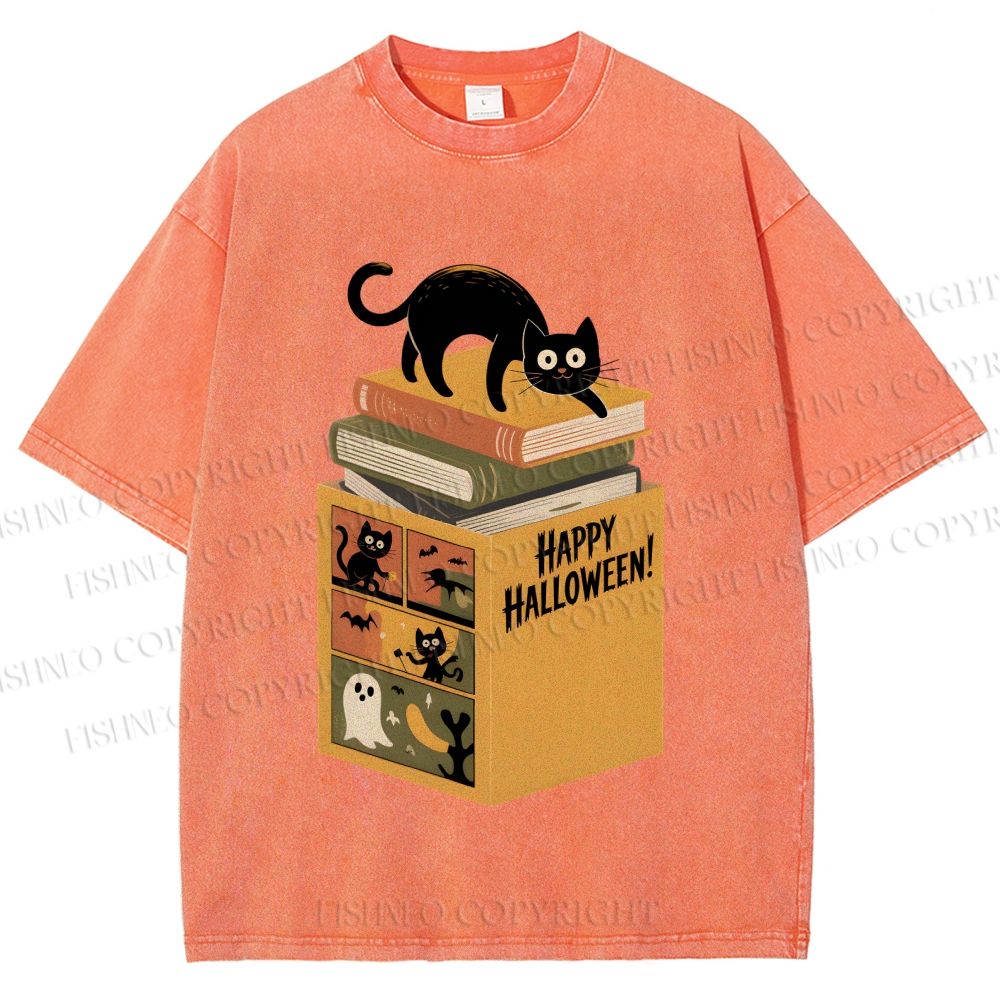 Unisex Halloween Book Cat Printed Washed Tee