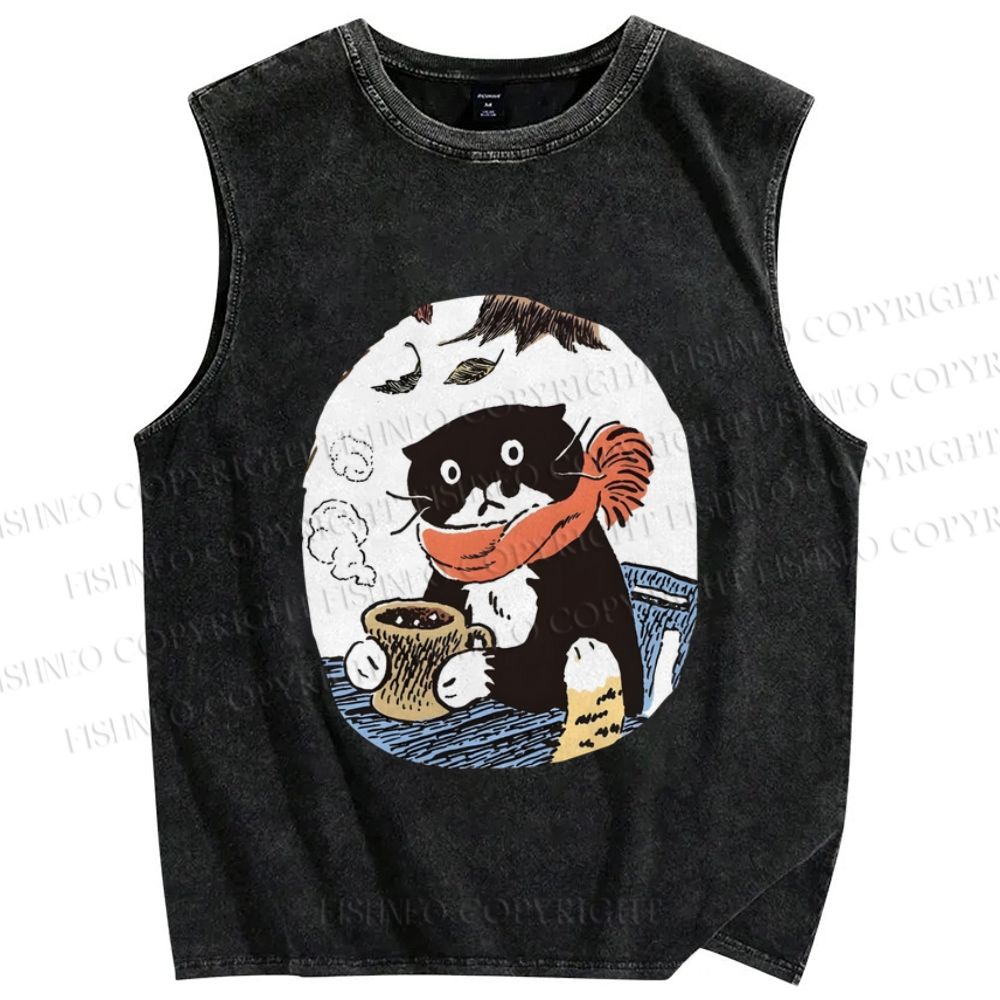 Unisex Vintage Cat Having Coffee Printed Washed Tank Top