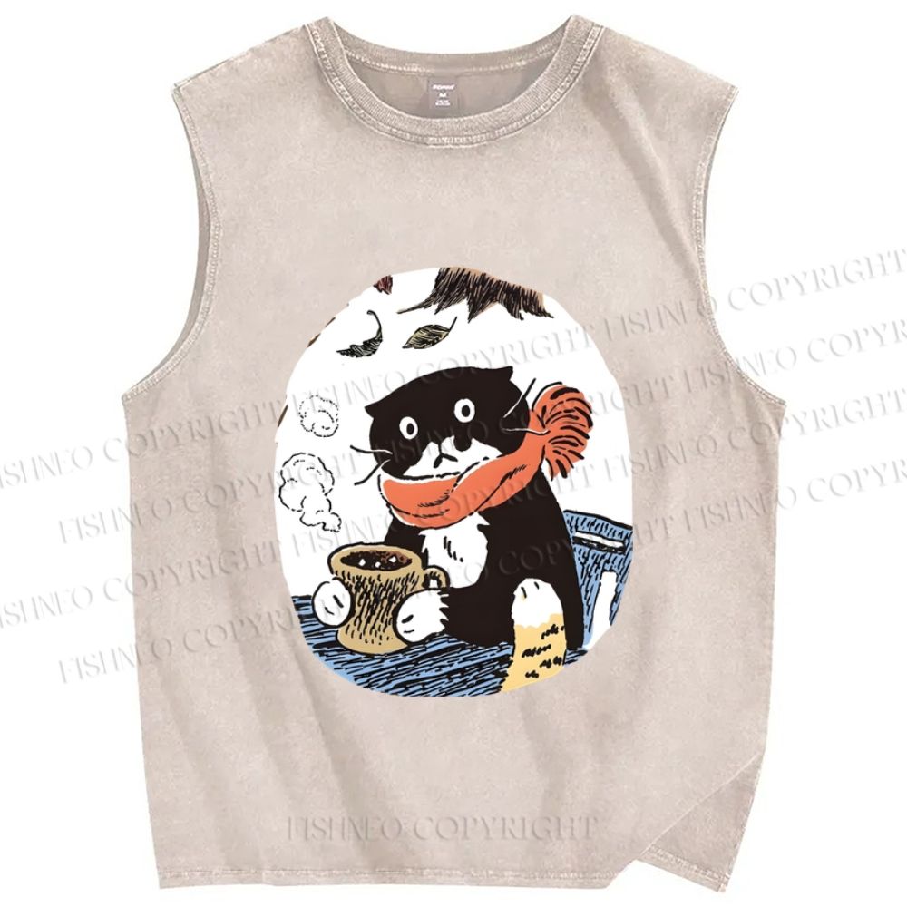Unisex Vintage Cat Having Coffee Printed Washed Tank Top