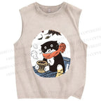 Unisex Vintage Cat Having Coffee Printed Washed Tank Top