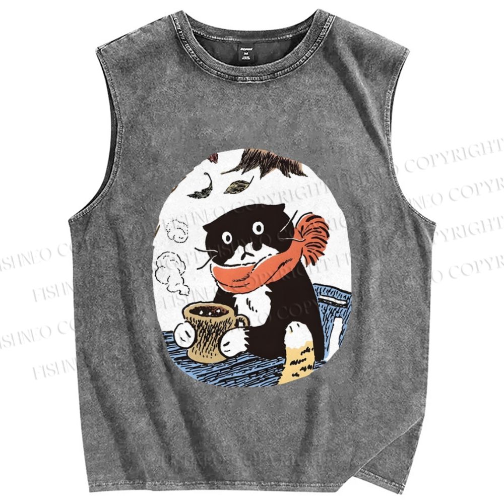 Unisex Vintage Cat Having Coffee Printed Washed Tank Top