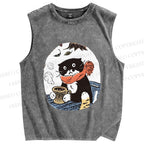 Unisex Vintage Cat Having Coffee Printed Washed Tank Top