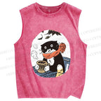 Unisex Vintage Cat Having Coffee Printed Washed Tank Top