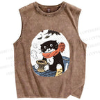 Unisex Vintage Cat Having Coffee Printed Washed Tank Top