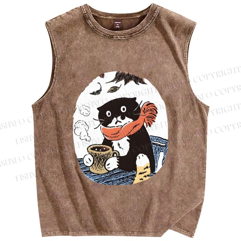 Unisex Vintage Cat Having Coffee Printed Washed Tank Top