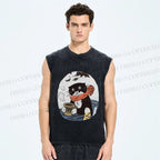 Unisex Vintage Cat Having Coffee Printed Washed Tank Top