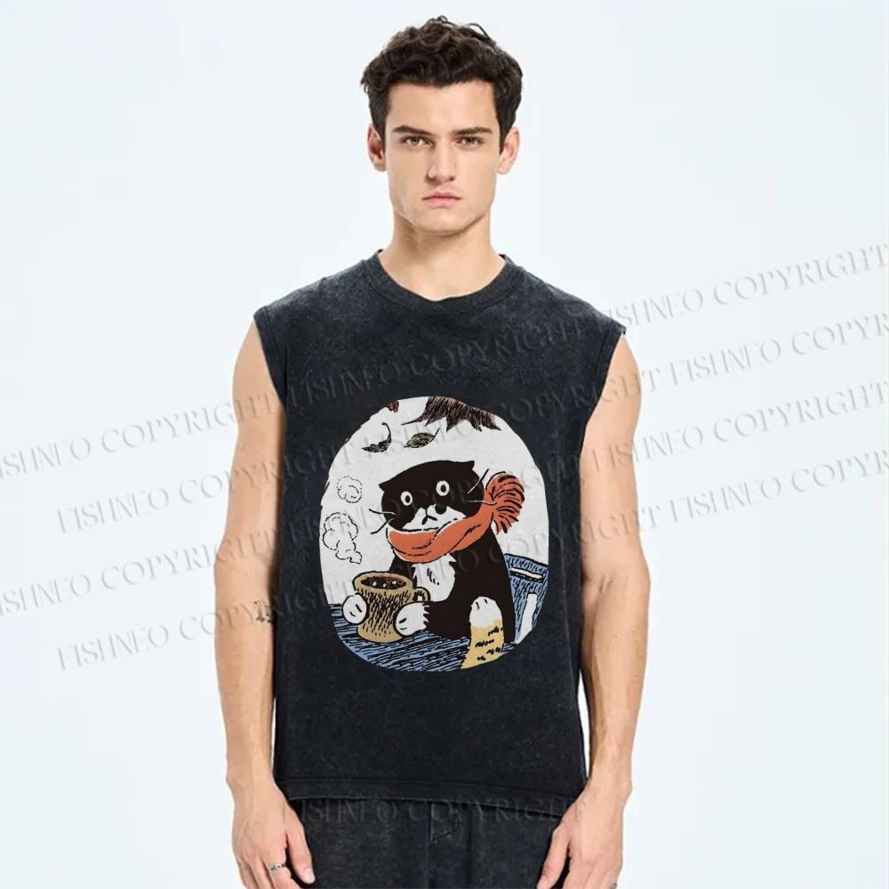 Unisex Vintage Cat Having Coffee Printed Washed Tank Top