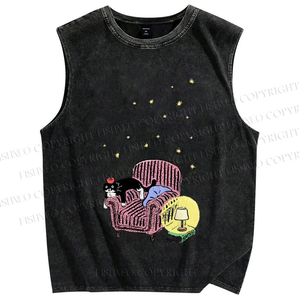 Unisex Vintage Cat Graffiti Printed Washed Tank Top