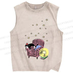 Unisex Vintage Cat Graffiti Printed Washed Tank Top