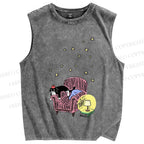 Unisex Vintage Cat Graffiti Printed Washed Tank Top
