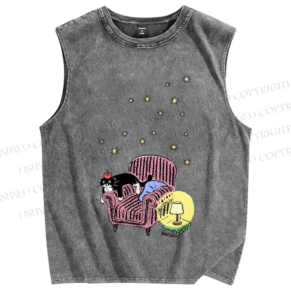 Unisex Vintage Cat Graffiti Printed Washed Tank Top