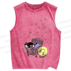 Unisex Vintage Cat Graffiti Printed Washed Tank Top