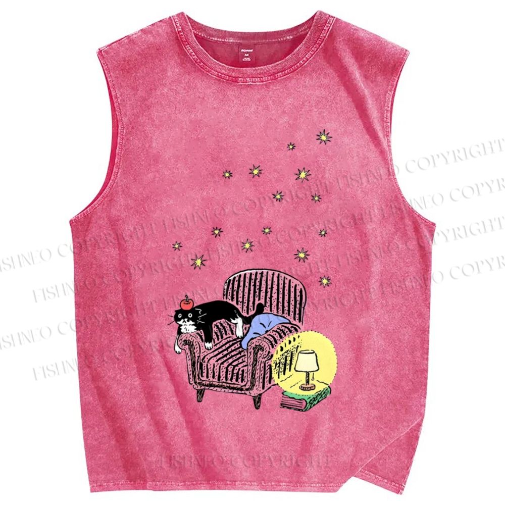 Unisex Vintage Cat Graffiti Printed Washed Tank Top