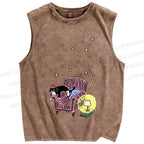 Unisex Vintage Cat Graffiti Printed Washed Tank Top
