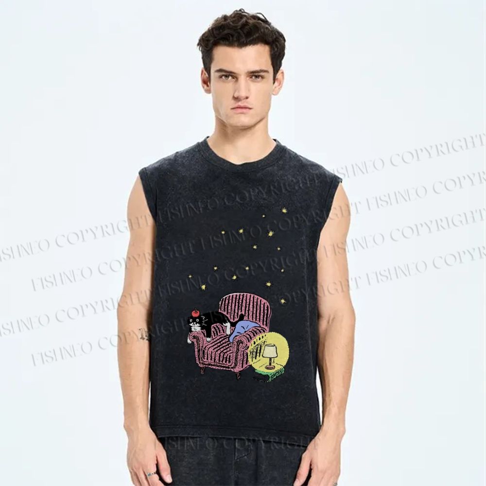 Unisex Vintage Cat Graffiti Printed Washed Tank Top