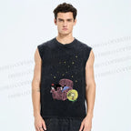 Unisex Vintage Cat Graffiti Printed Washed Tank Top