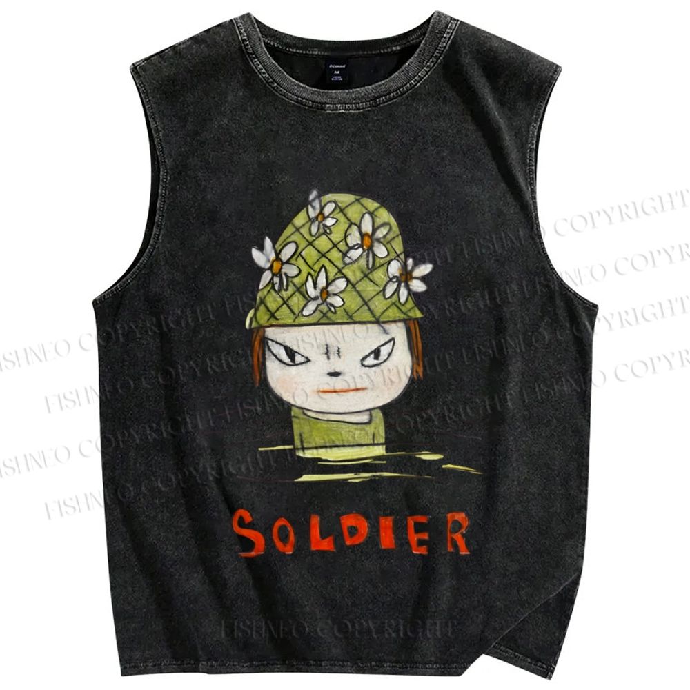 Unisex Japanese Art Yoshitomo Nara Soldier Printed Washed Tank Top