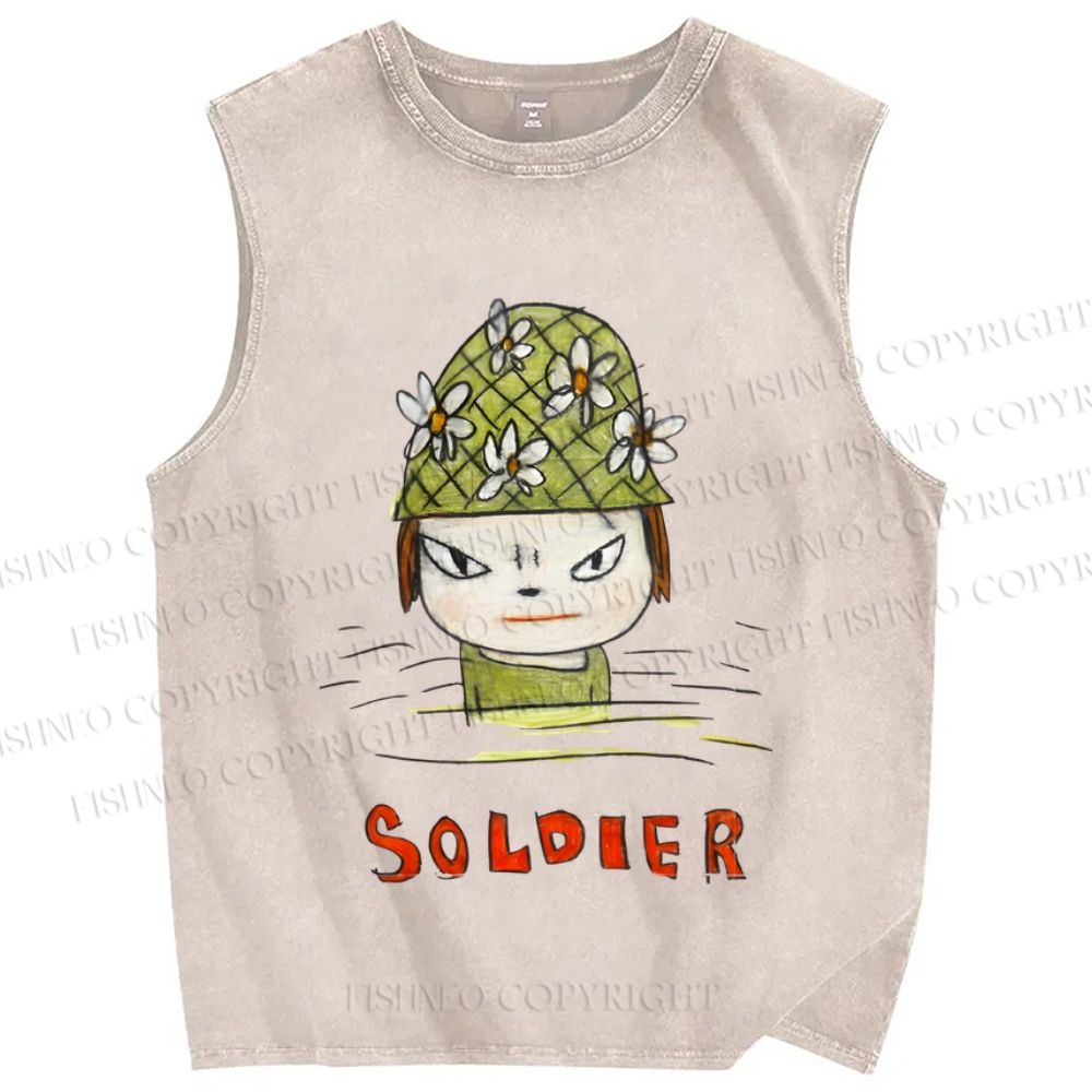 Unisex Japanese Art Yoshitomo Nara Soldier Printed Washed Tank Top