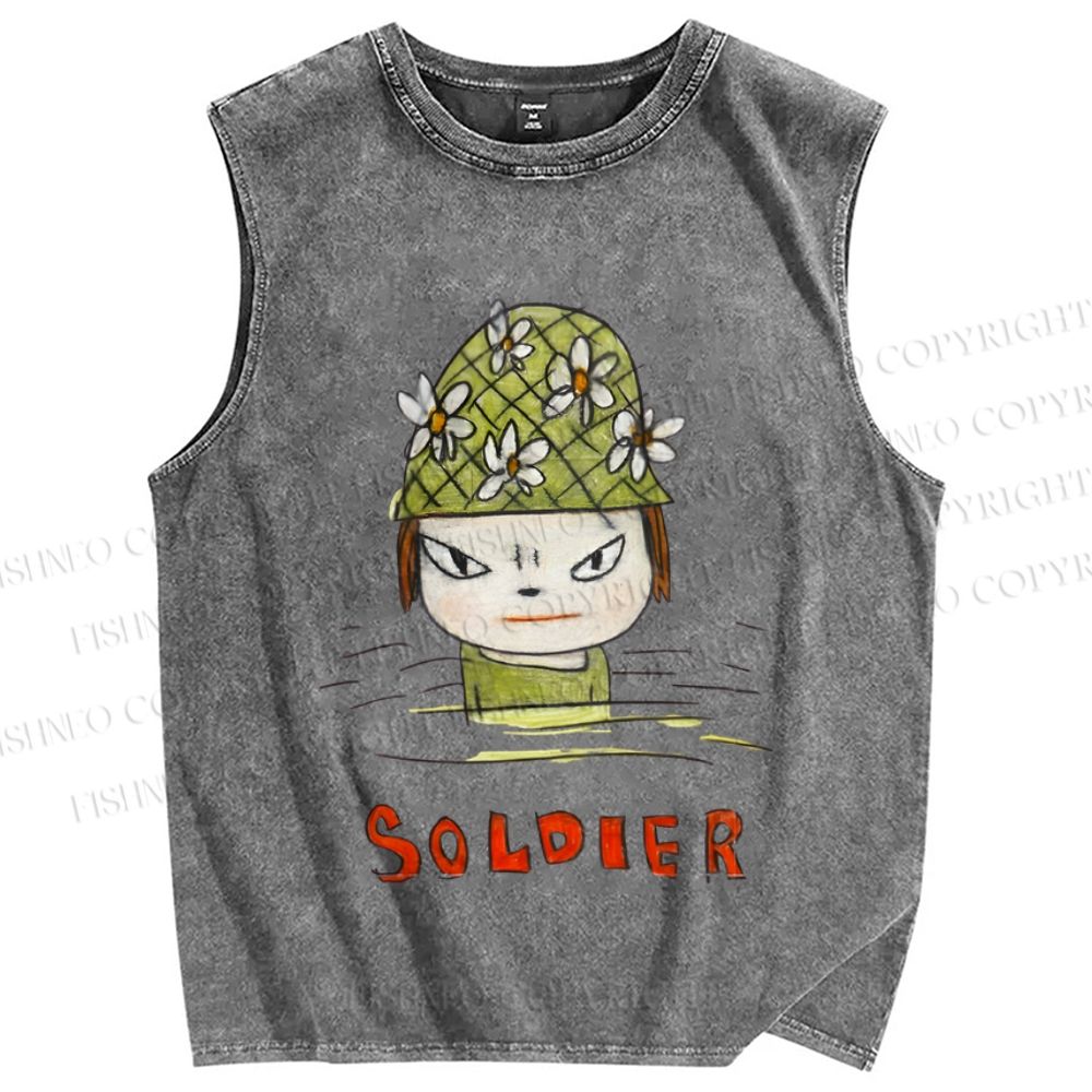 Unisex Japanese Art Yoshitomo Nara Soldier Printed Washed Tank Top