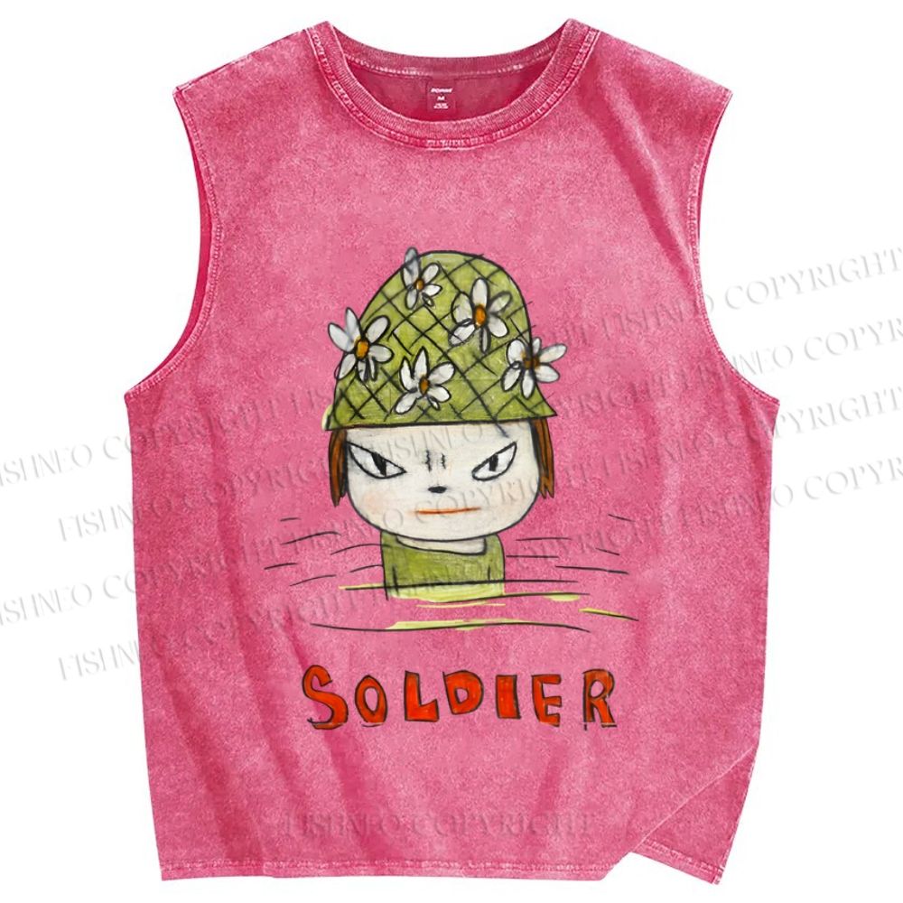 Unisex Japanese Art Yoshitomo Nara Soldier Printed Washed Tank Top