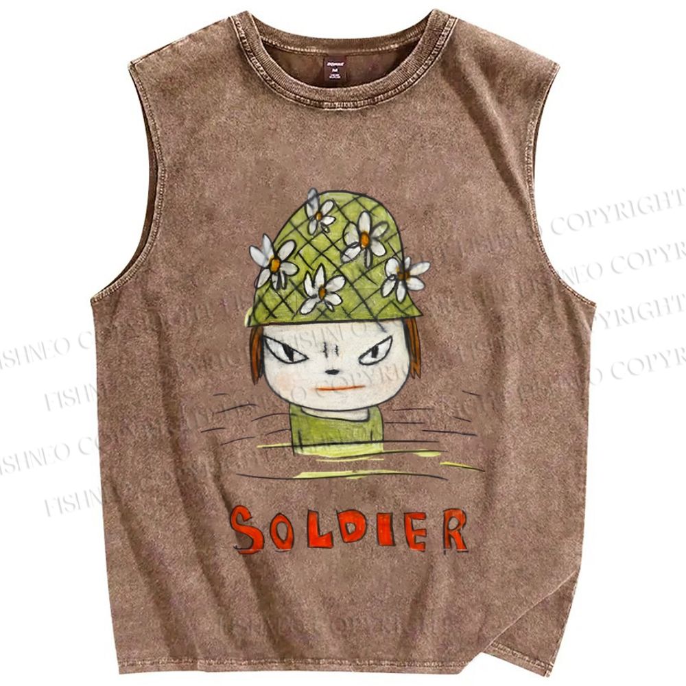 Unisex Japanese Art Yoshitomo Nara Soldier Printed Washed Tank Top