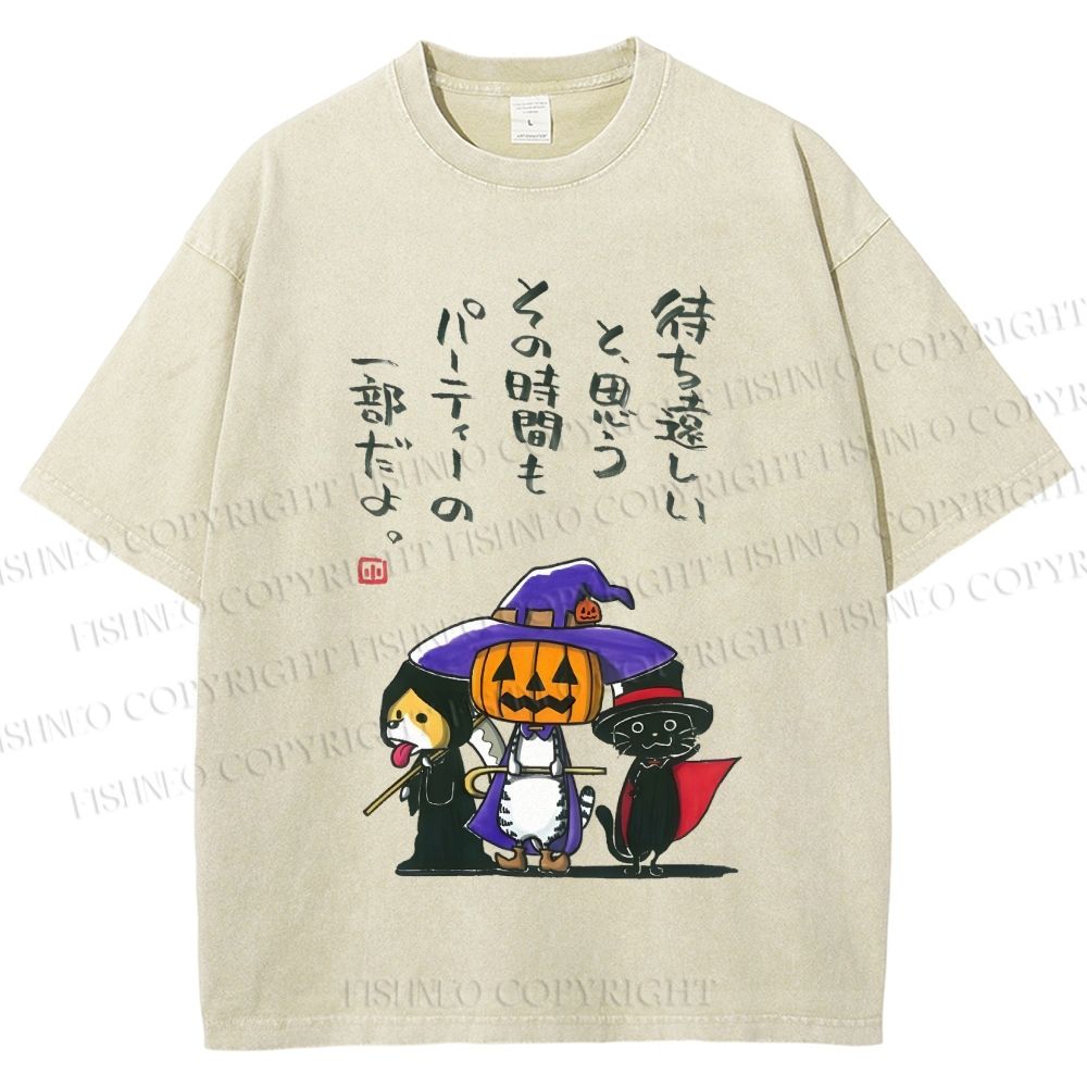 Unisex Halloween Cat Dog Printed Washed Tee