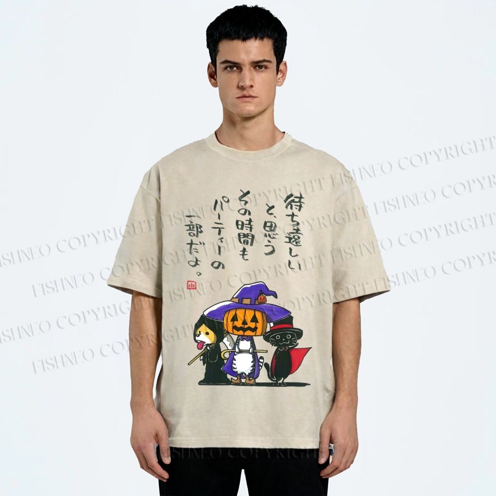 Unisex Halloween Cat Dog Printed Washed Tee