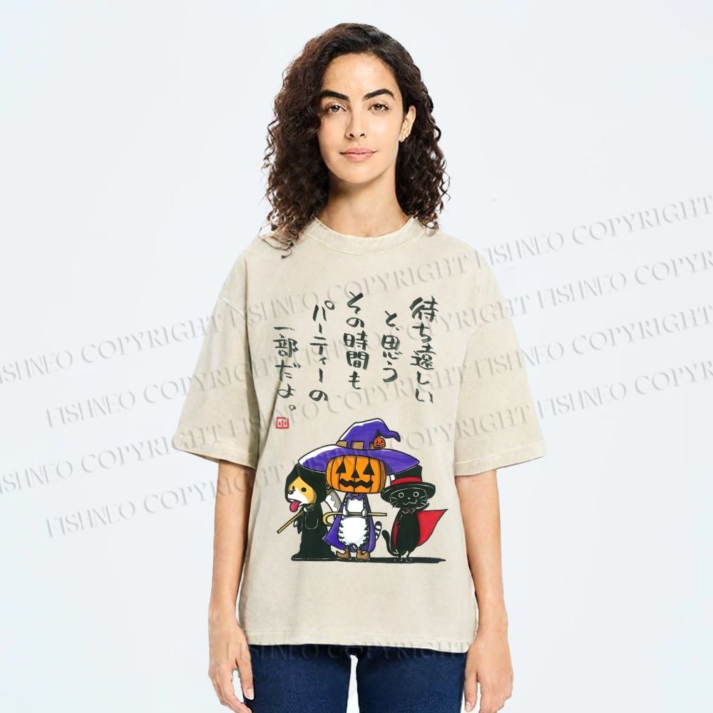 Unisex Halloween Cat Dog Printed Washed Tee