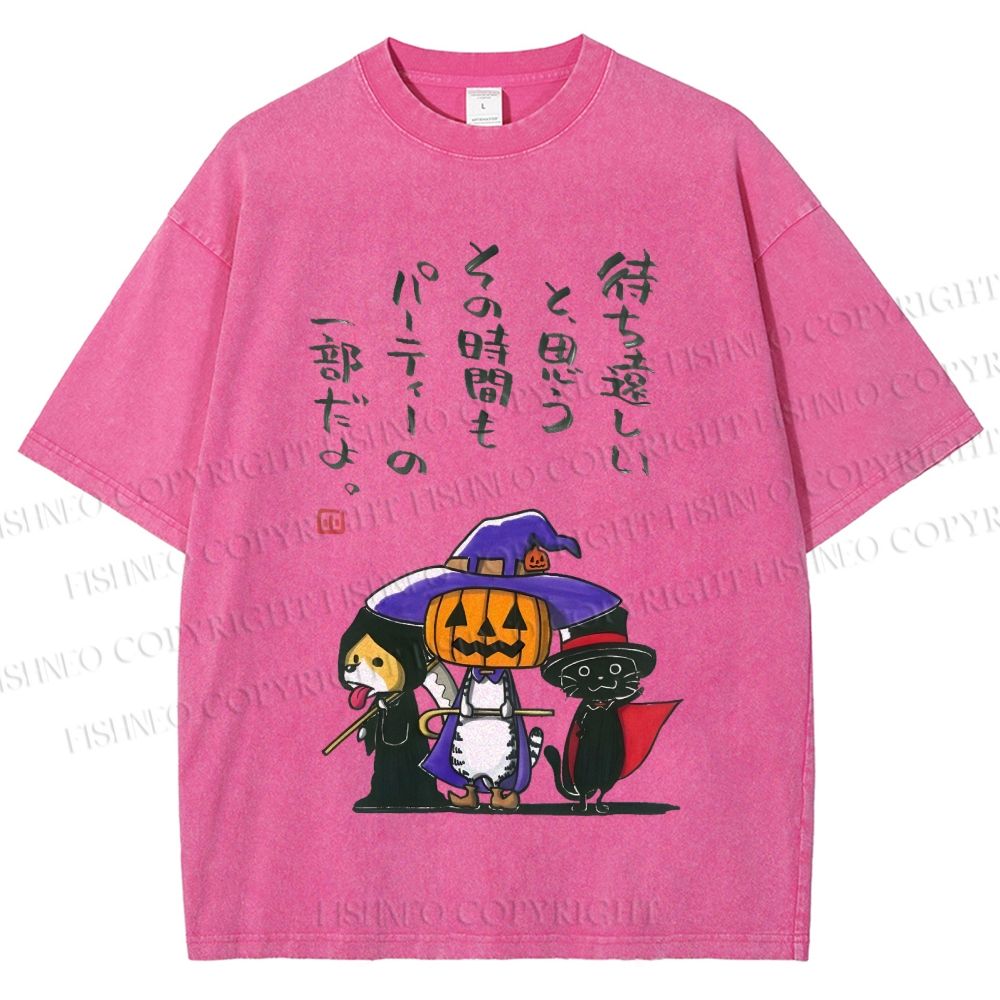 Unisex Halloween Cat Dog Printed Washed Tee