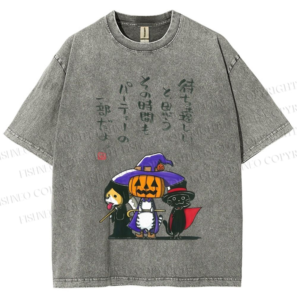 Unisex Halloween Cat Dog Printed Washed Tee